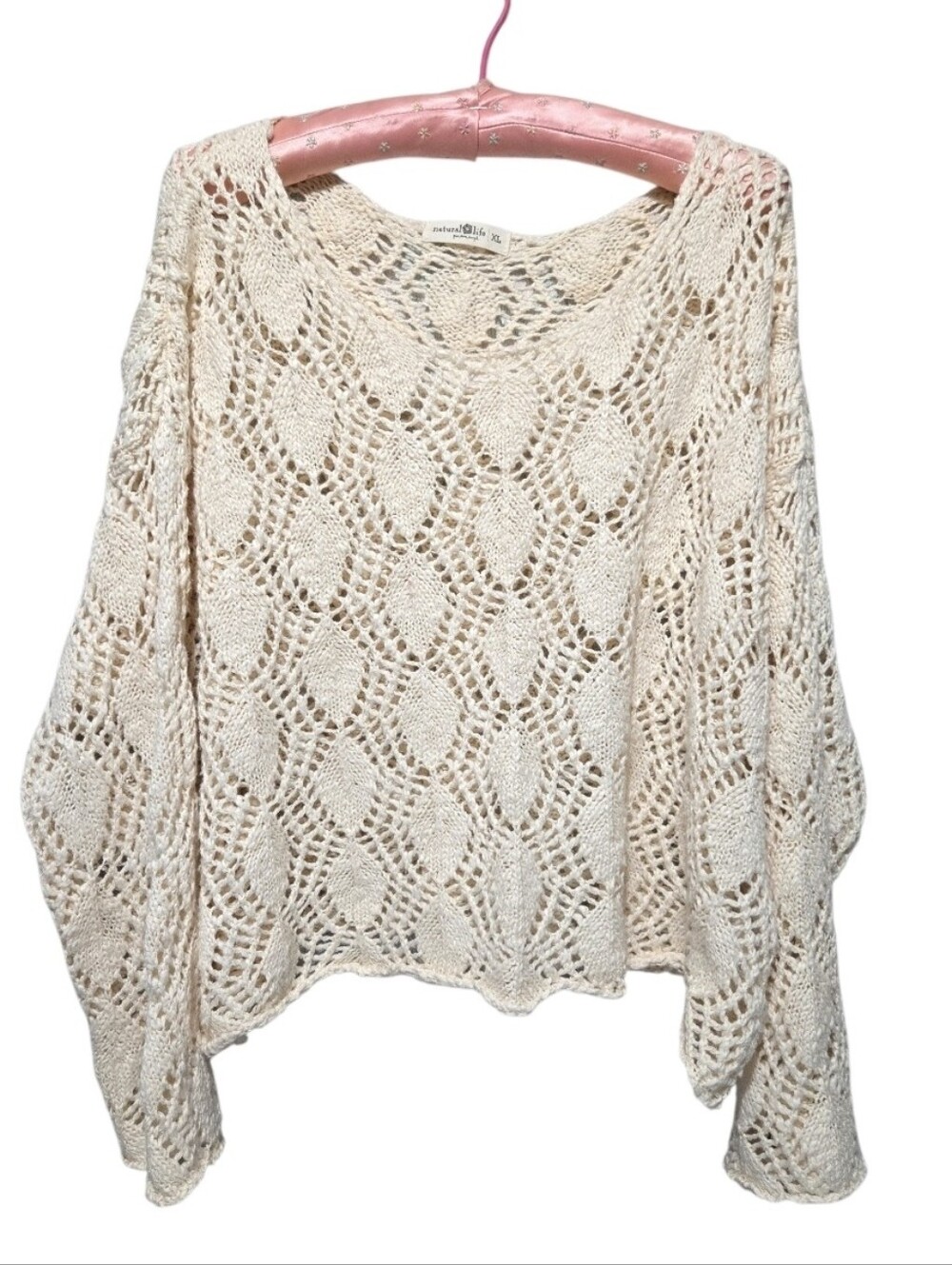 Natural Life Oversized Boho Open Knit Crochet Sweater Cream Ivory XL 100% Cotton